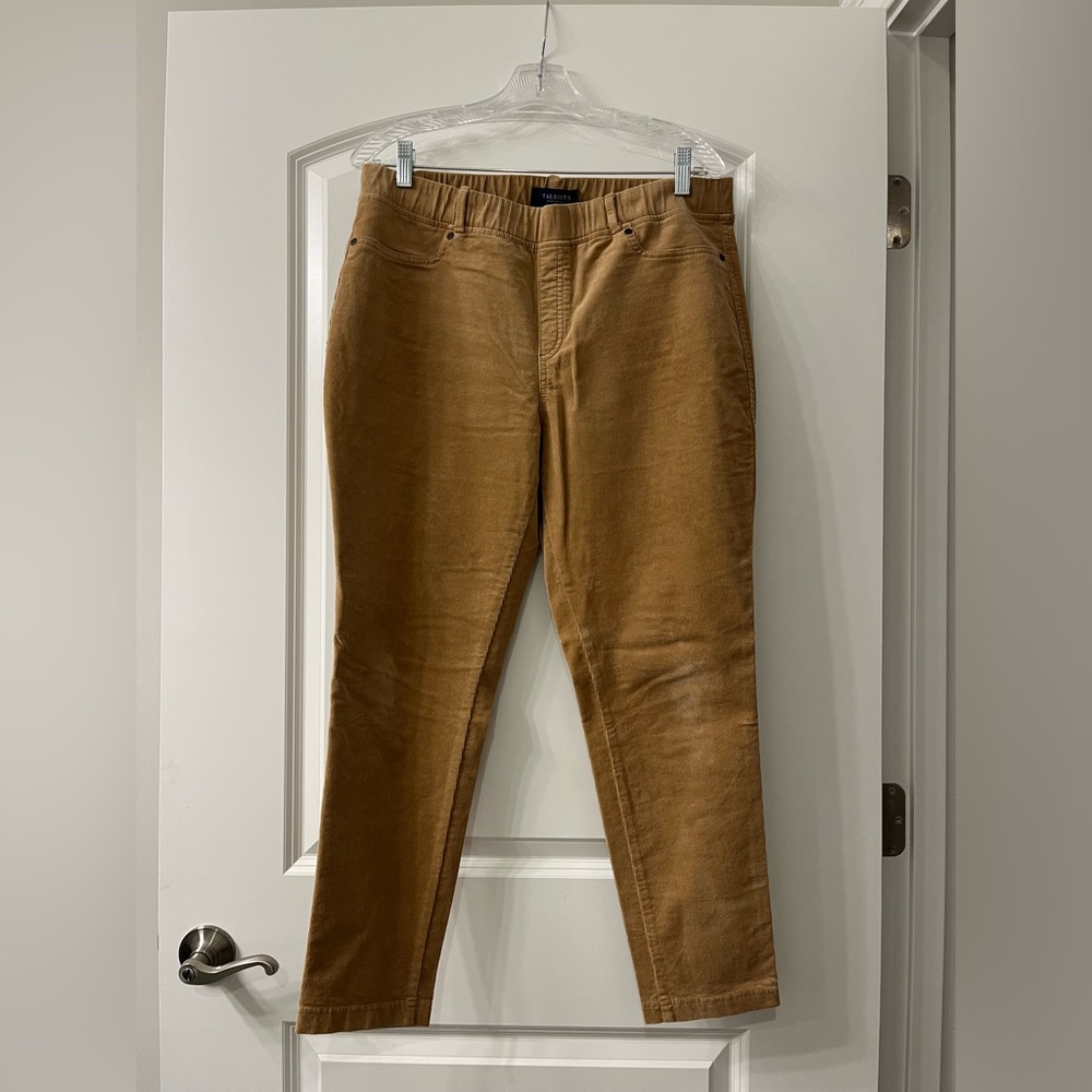 Talbots corduroy pull on Jegging pant camel tan womens 14 Petite short stretch